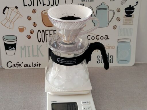 ドリッパーとペーパーフィルターをサーバーにセットしコーヒー粉を入れる